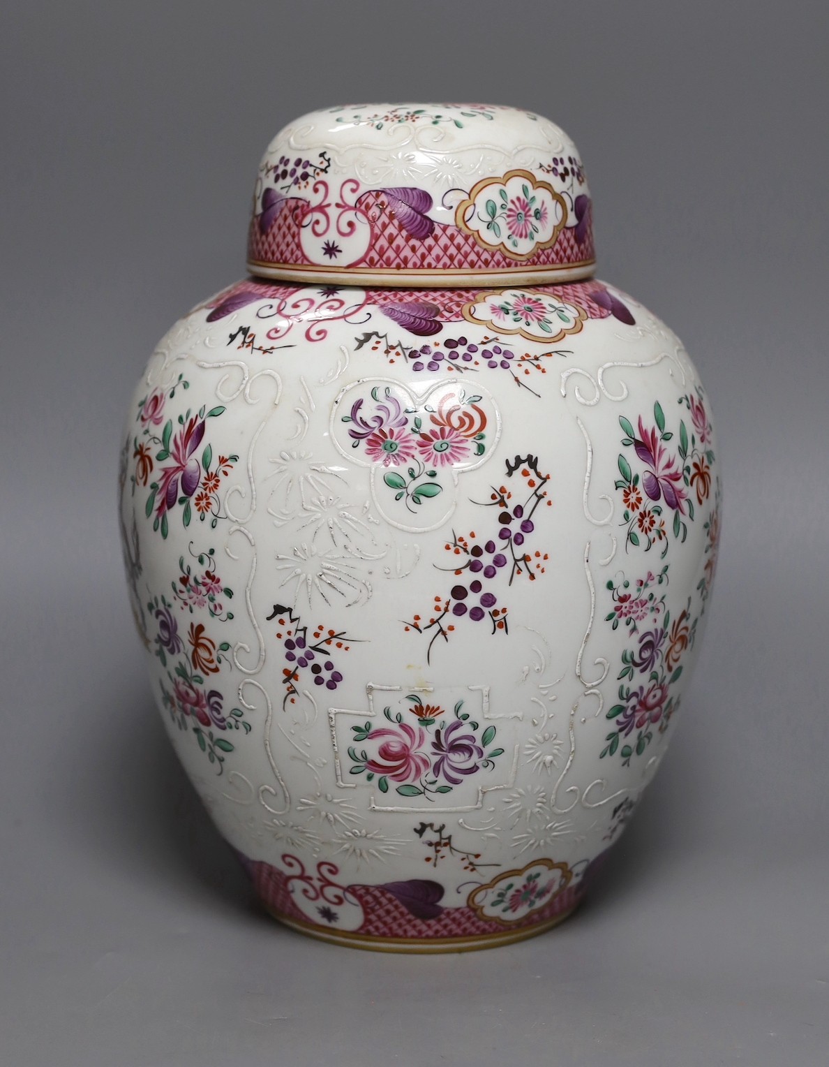 A Samson armorial jar and cover, 28cms high